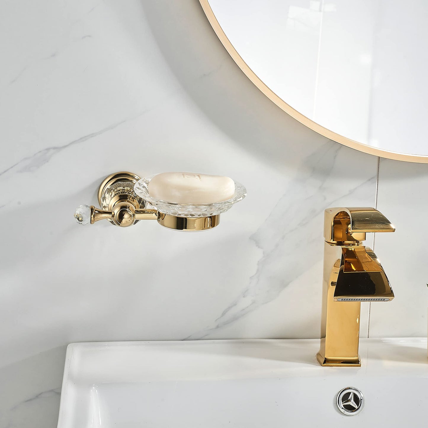 WOLIBEER Crystal Soap Dish Holder, Polished Gold Shower Soap Holder Stainless Steel Soap Saver Tray for Bathroom Wall Mounted