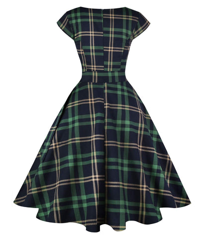 Kingfancy Women Vintage 1950s Dress Retro Cocktail Party Swing Dresses with Cap Sleeves Green Plaid M