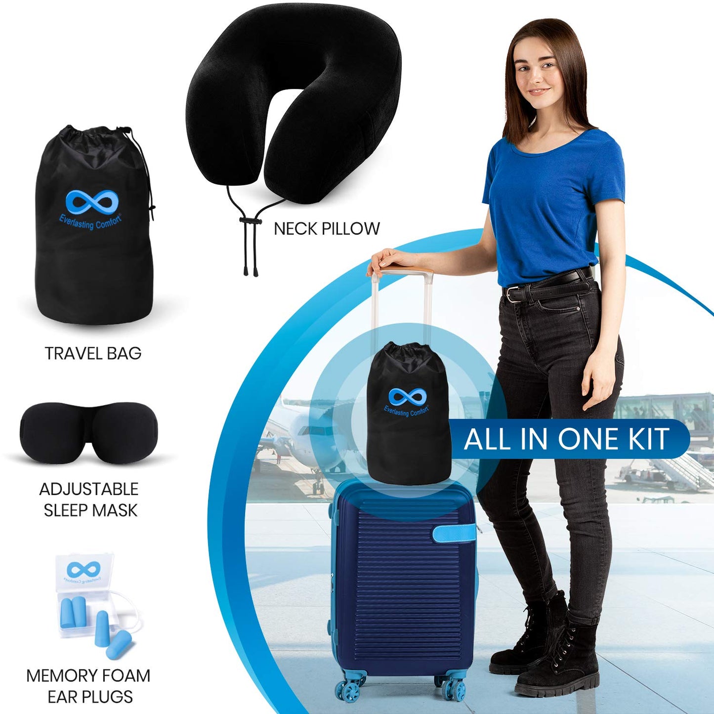 Everlasting Comfort Memory Foam Travel Pillow - Airplane Neck Pillow for Travel with Earplugs, Eye Mask & Carry Bag - Neck Support Cushion for Plane, Car & Train - Black