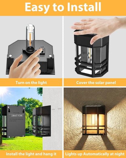 Woolmug 4 Pack Solar Fence Lights Outdoor Garden, Waterproof Retro LED Wall Lights, Auto On/Off Solar Lights Outdoor Garden Fence Lighting for Patio Decking Gate Yard Decoration, Warm White