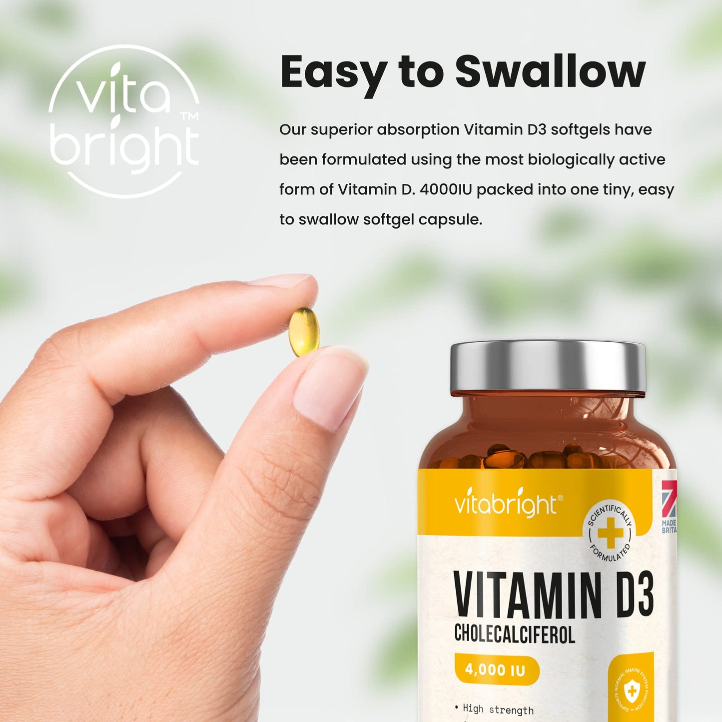 Vitamin D3 4000 IU Daily | 425 Softgels - 14 Month Supply | High Strength Vitamin D Tablets | Sugar-Free Softgels, NOT VIT D Gummies | VitaBright VIT D3 Supplements for Women & Men