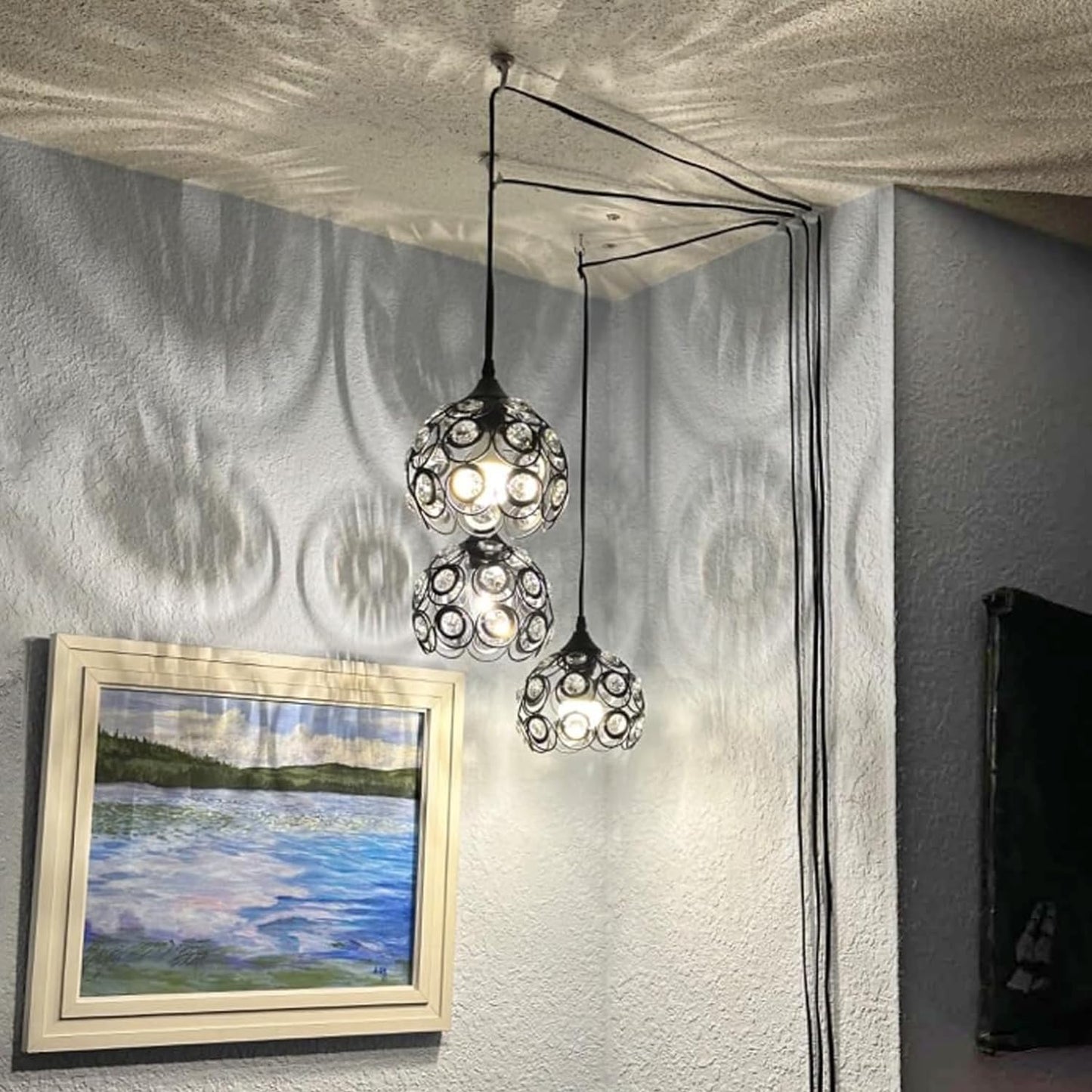 TISLYCO Black Plug in Chandelier, Crystal Hanging Lights with Plug in Cord 13.12ft and On/Off Switch, Hanging Pendant Light for Kitchen Island Bedroom Reading Area