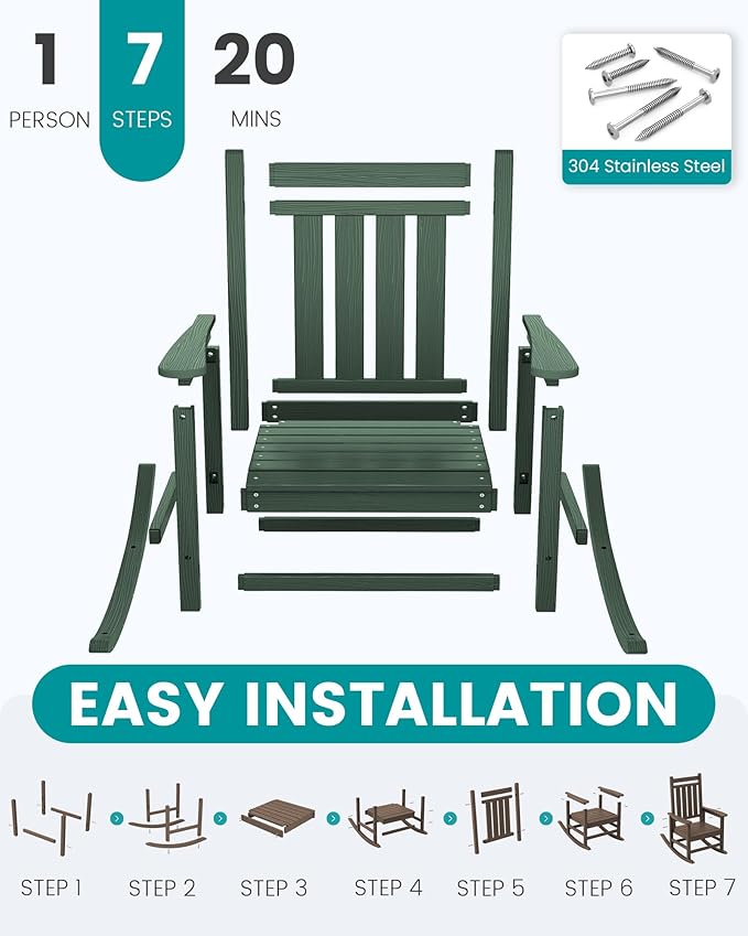 SERWALL Oversized Outdoor Rocking Chair Set of 4, HDPE Rocker for Adults, Patio Rocking Chairs for Porch, Green