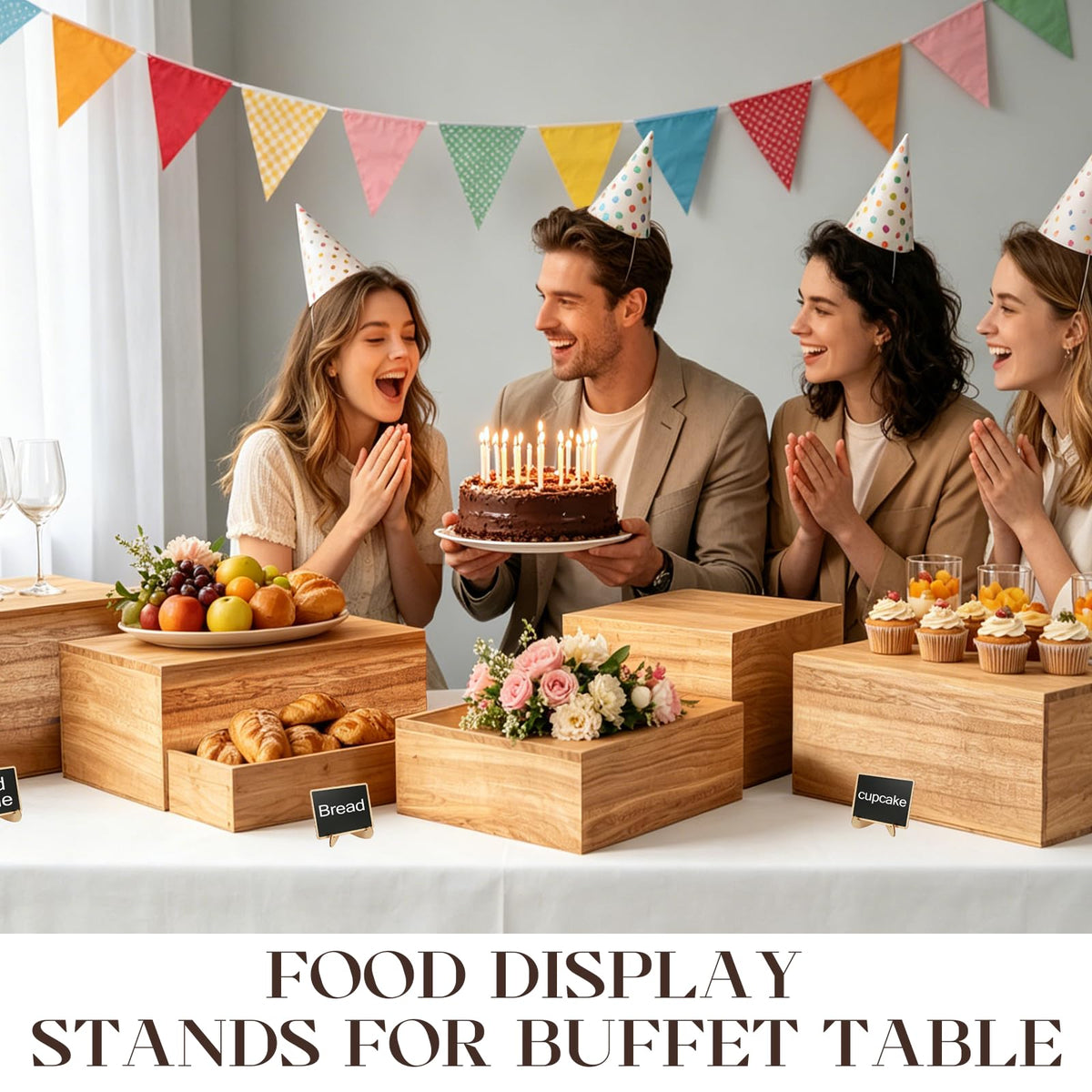 Gleom 9 Pcs Extra Large 12" Wooden Buffet Risers Set with Mini Sign Food Risers for Buffet Table Multi Size Cake Display Stands for Party Wedding Dessert Jewelry Home Decor