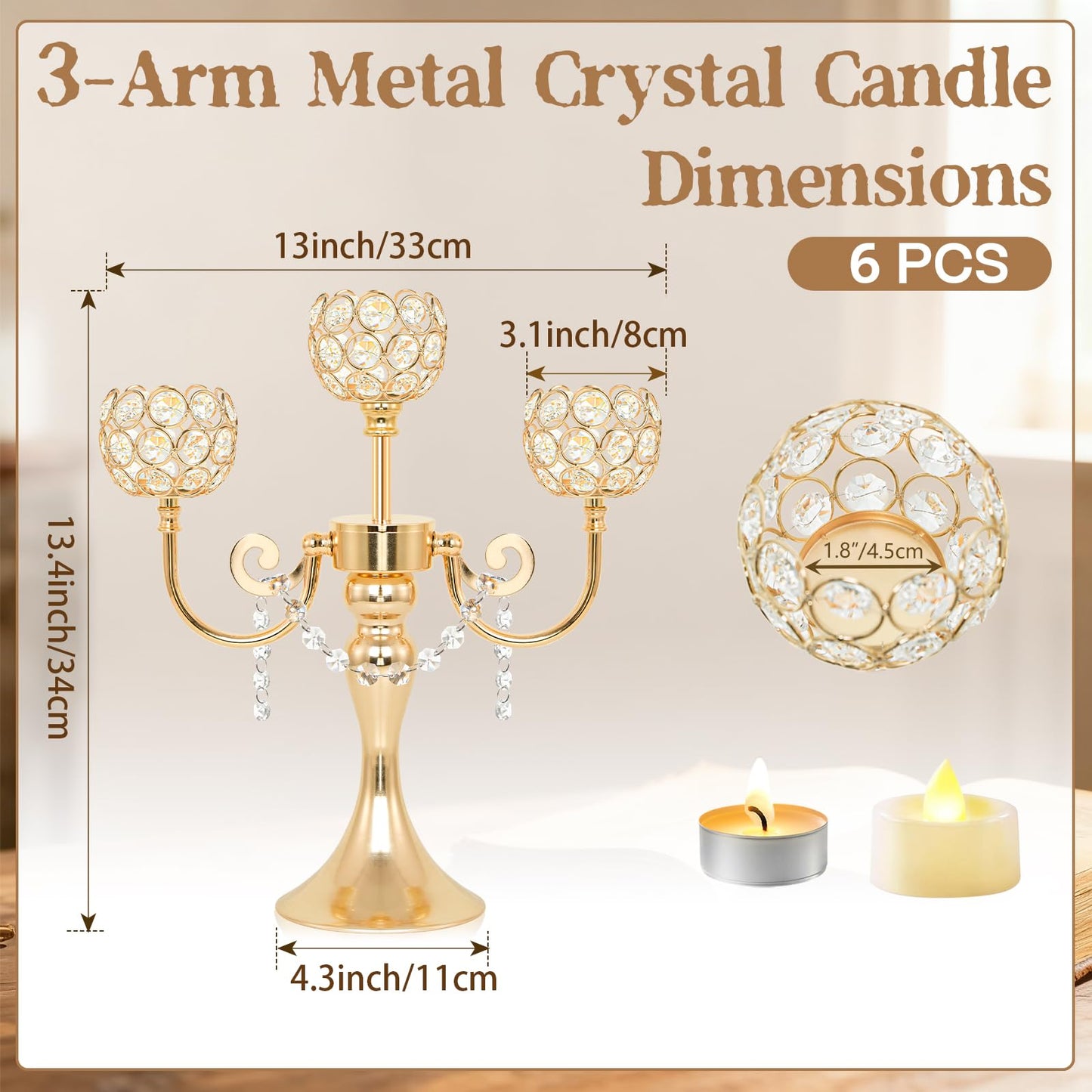 3-Arm Gold Metal Candelabra with Crystal Bowls, Tealight Holder Centerpiece for Birthday, Dining Table, Party Decor, Christmas and Home Decoration (6, Gold)