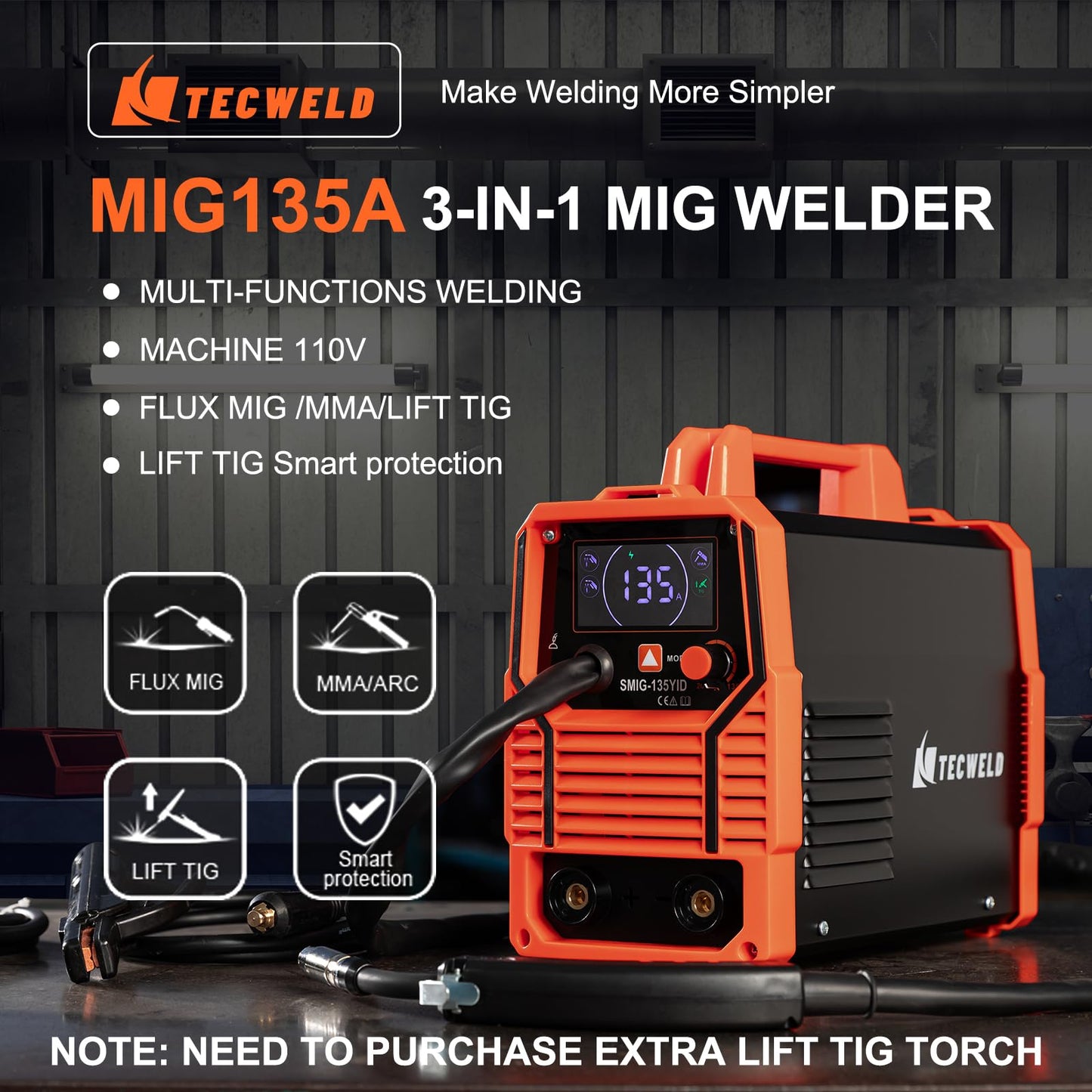 TECWELD 135A MIG Welder 110V 3-in-1 Synergic IGBT Inverter (MIG/Lift TIG/Stick) - Gasless Flux Core, Portable Welding Machine with LED Display