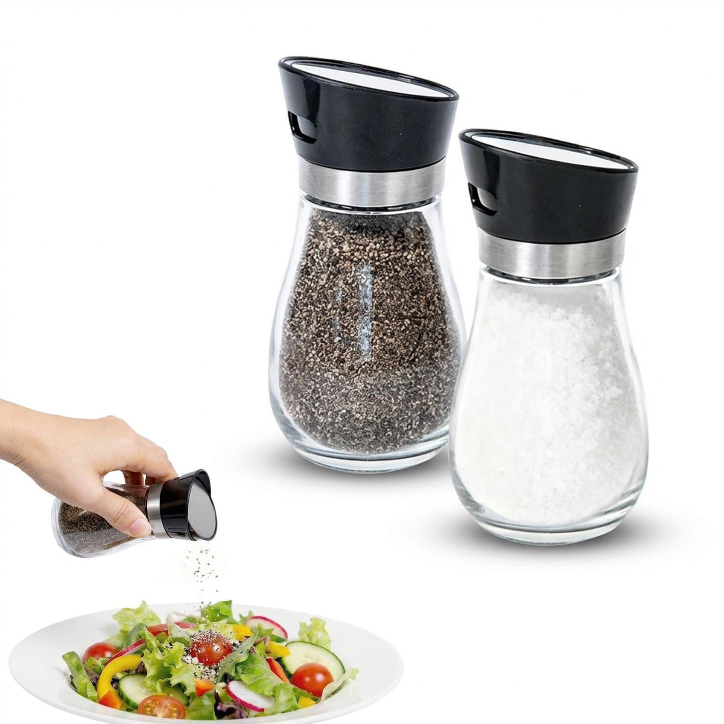 Salt And Pepper Shakers Set，Adjustable Rotating Cap Design For Precise Dose Control，Refillable Glass Jars With Matte Black Lids，Modern Kitchen Spice Containers，Kitchen Utensils