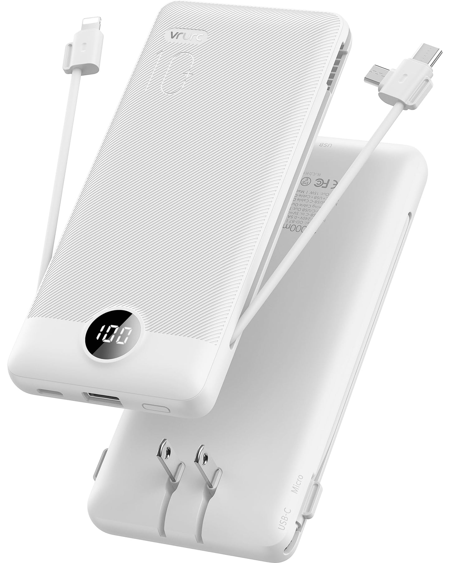 VRURC Portable Charger Built-in Cables and AC Wall Plug, USB C Power Bank 10000mAh, Travel Essentials Phone Charger Compact Lightweight External Battery Pack for Smart Phones, Tablets etc-Pink