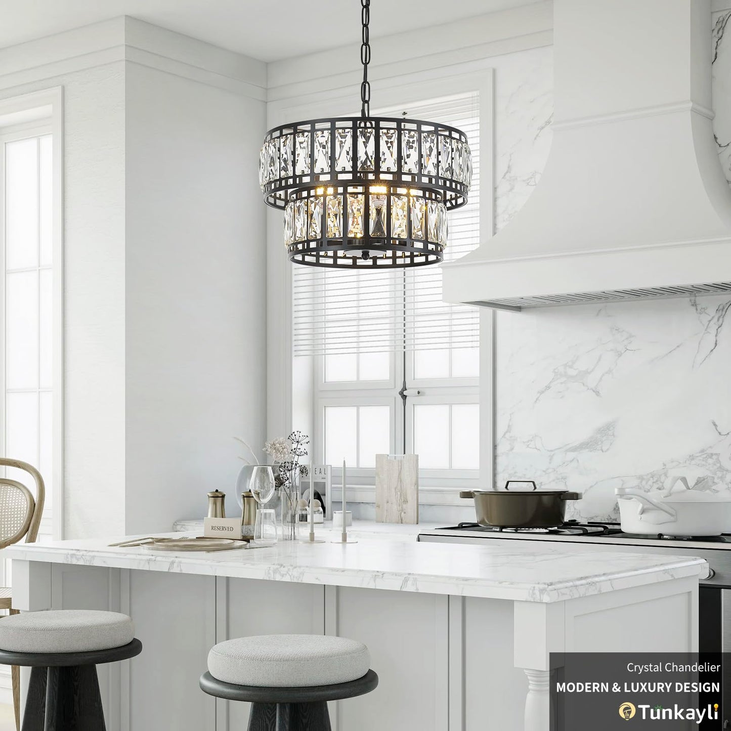 Tunkayli 15.7" Chandeliers for Dining Room, Modern Black K9 Luxury Crystal Chandelier, 4-Light 2-Tier Drum Farmhouse Lighting Fixture for Kitchen Island Living Room Entryway Bedroom Foyer