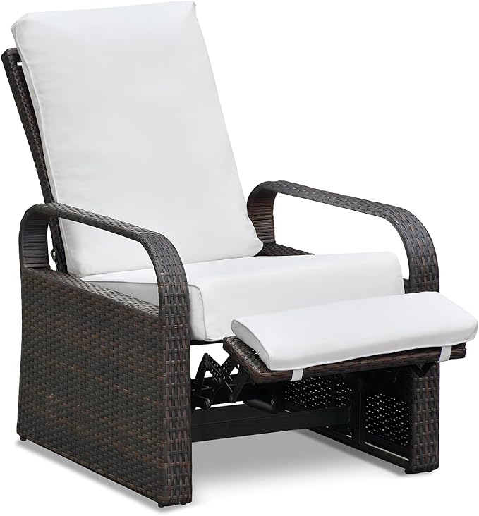 ART TO REAL Outdoor Recliner, Automatic Adjustable Wicker Lounge Recliner Chair with 5.12'' Thicken Cushion, All Weather Aluminum Frame, Brown Wicker + Beige Cushion