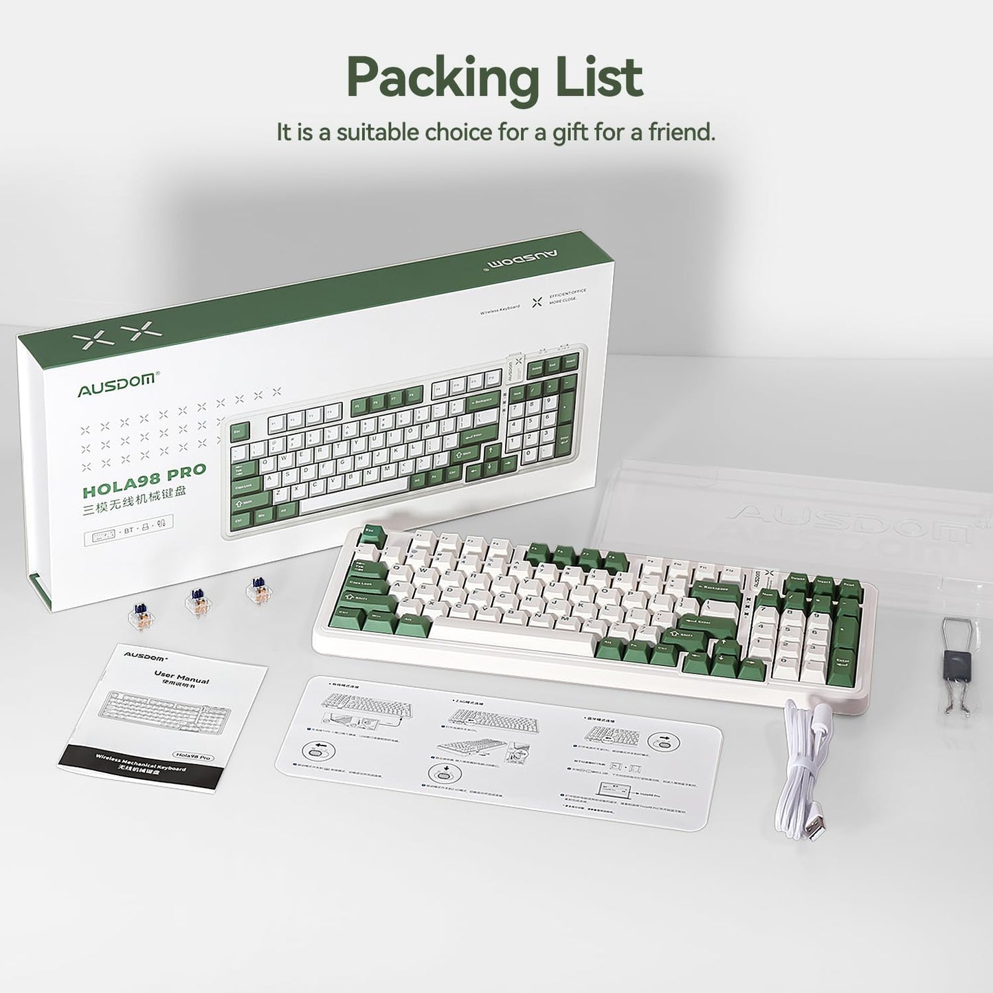 AUSDOM 98Pro Silent Mechanical Keyboard, Wireless Hot Swappable Gaming Keyboard with Backlit,Gasket Structure,Pre-lubed Tactile Switches,2.4GHz/Type-C/Bluetooth Custom Keyboards (Green & White-Silent)