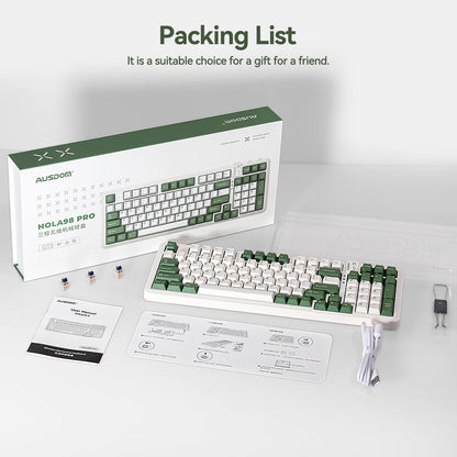 AUSDOM 98Pro Silent Mechanical Keyboard, Wireless Hot Swappable Gaming Keyboard with Backlit,Gasket Structure,Pre-lubed Tactile Switches,2.4GHz/Type-C/Bluetooth Custom Keyboards (Green & White-Silent)