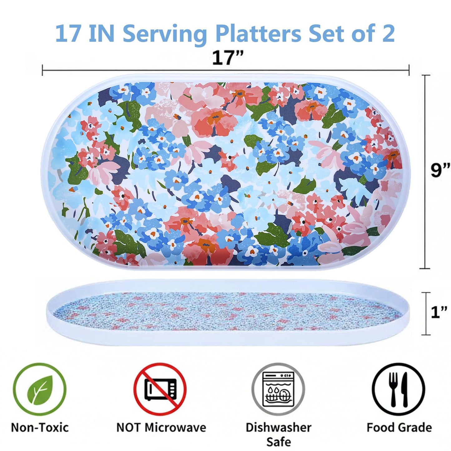 17 Inch Melamine Serving Trays Set of 2, Large Oval Platters, Unbreakable & Dishwasher Safe Lipped Trays for Indoor/Outdoor Use, Modern Art Decorative Dinner Set (2 Piece with Different Designs)
