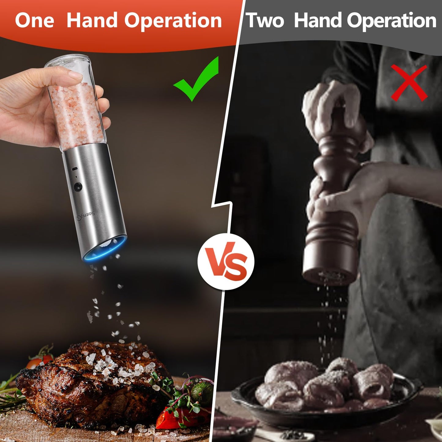 Electric Salt and Pepper Grinder Set - USB Rechargeable Gravity Salt and Pepper Shakers, Automatic Glass Mill with Adjustable Coarseness, LED Light, One-Hand Operation for Kitchen & Dining