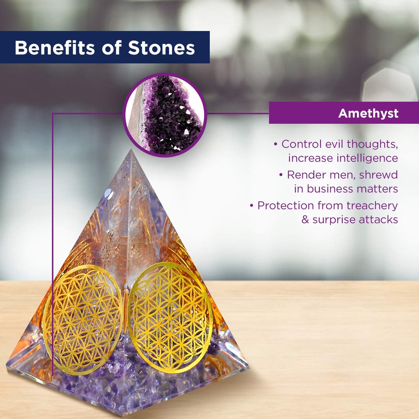 Orgonite Crystal Handmade Amethyst Pyramid with Flower of Life Symbol – Resin Decor for Meditation, Yoga, Chakra Balancing, Spiritual Gift, Desk or Home Display