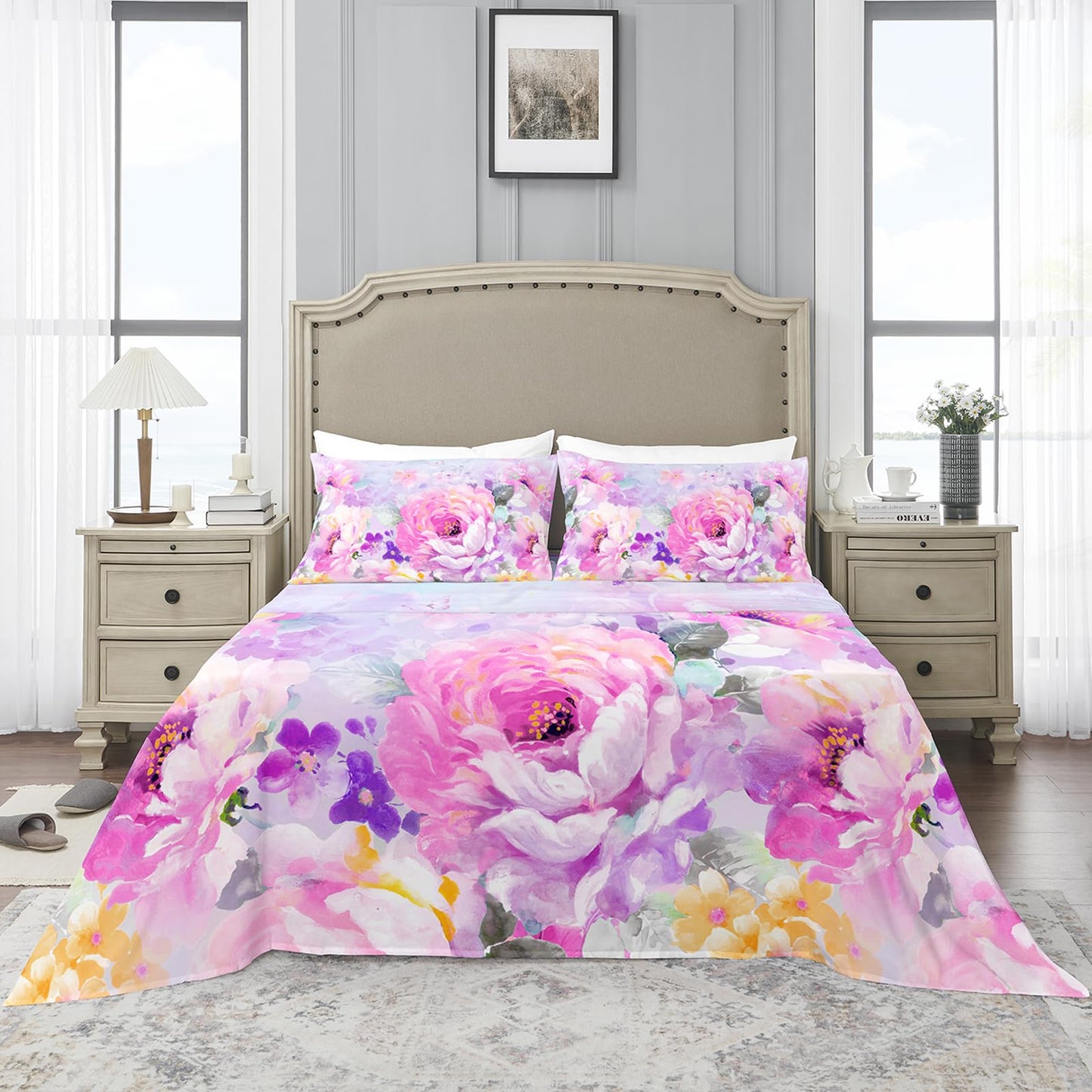 YIYEA Queen Sheet Set, Luxury 1800TC Hotel Quality Double Brushed Microfiber Floral Bed Sheets for Queen Size Bed, Extra Soft, Deep Pocket, Shrinkage and Fade Resistant, 4PC (Queen)