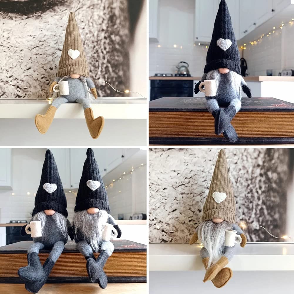 JstDoit 2 Pcs Coffee Gnomes Plush Bar Decor, Handmade Swedish Tomte Gnomes Gifts Farmhouse Scandinavian Figurine Gnome for Home Kitchen Coffee Station Table Shelf Decor