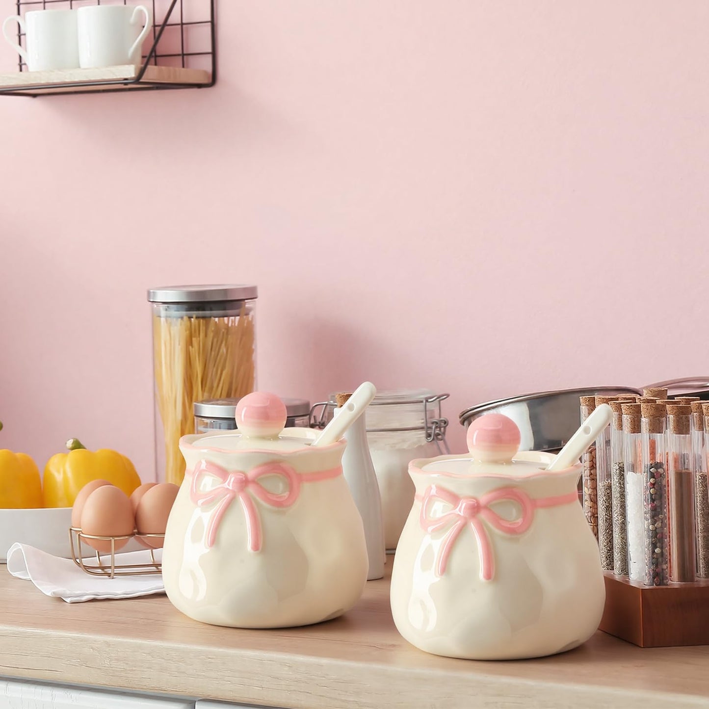 Ferrochef 2 Pcs Pink Bow Salt and Pepper Containers Cute Sugar Container with Lid Ceramic Salt and Pepper Cellars with Lids Spoons Pink Kitchen Gift for Women Coquette Decors for Spice Housewarming
