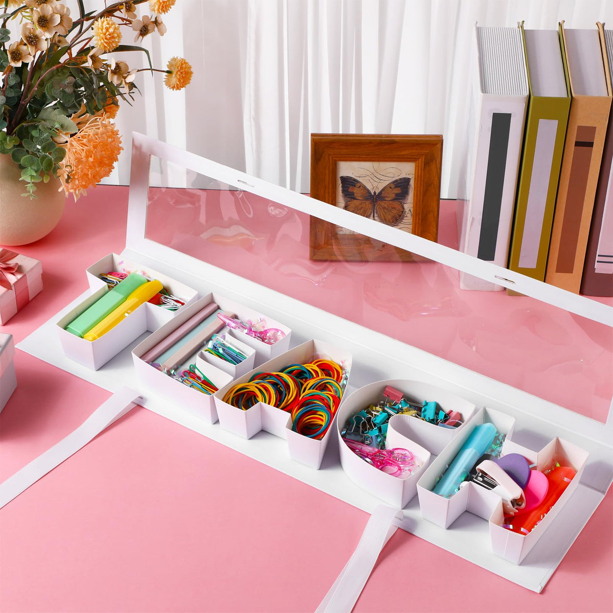 AmazingSpark Teacher Appreciation Gift Box with Stationery Thank You Gifts for Teacher Teach Letter Box with Heart Sticky Note Highlighter Stapler Scissors Paper Clips for School