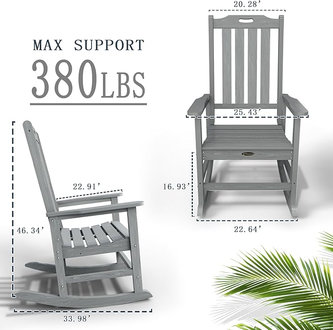 Oversized Rocking Chair Set of 8, Outdoor Rocking Chair for Adults, All Weather Resistant Porch Rocker for Lawn Garden, Grey