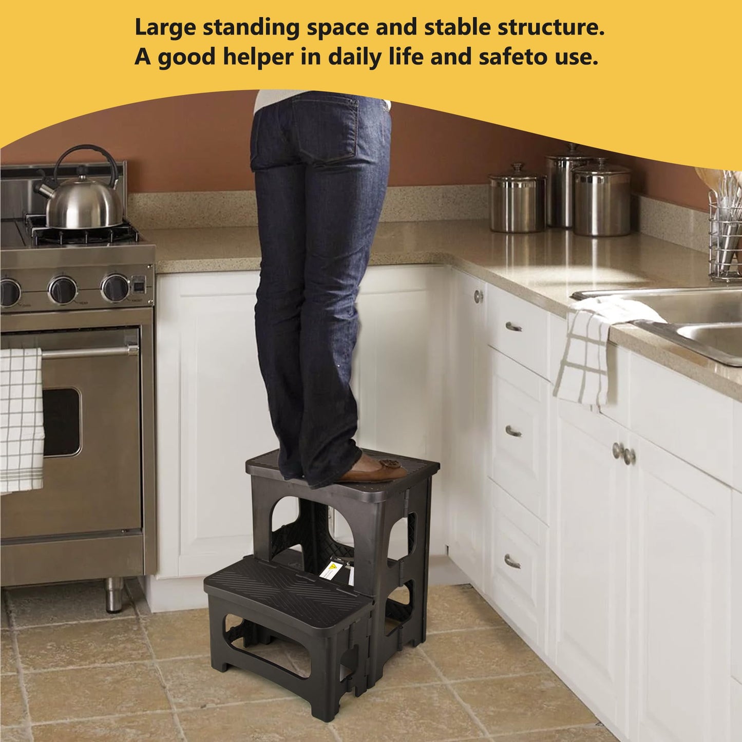 AMOISE Amoise Folding 2-Step Stool, Non-Slip Portable Footstool 8'' & 17'' Dual Heights, Holds 300 lbs, Portable Footstool for Kitchen Home Toilet Bedroom Office Bathroom RV(Black)