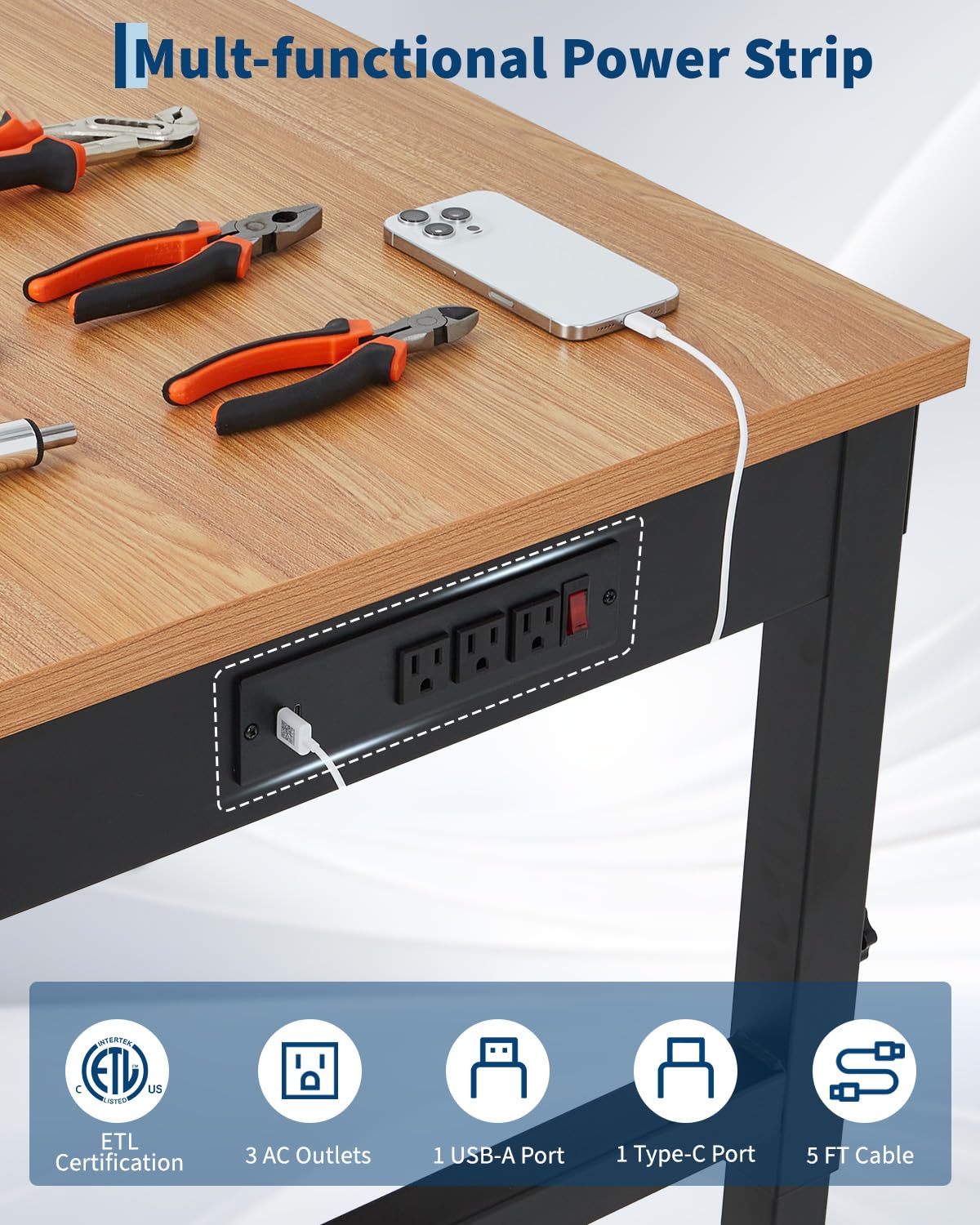 Garvee 72 in Work Bench, Adjustable Height Workbench, Heavy Duty Rubberwood Tabletop with Built-in Power Outlets, 2500 LB Wood Top Work Table for Garage, Workshop, Repair Shop, Home, Office
