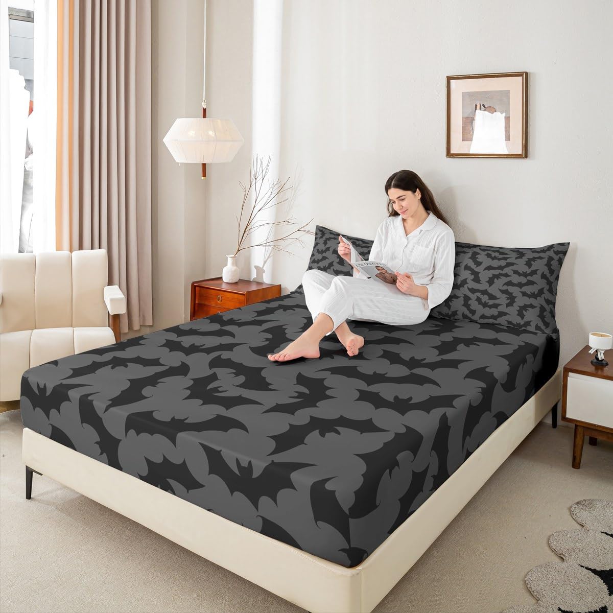 Feelyou Bat Sheet Set King Size Kids Happy Halloween Sheets with Deep Pocket Fitted Sheet for Boys Girls Bed Sheets Set Trick or Treat Grey Bedding Set Room Decor Bed Set, 4Pcs