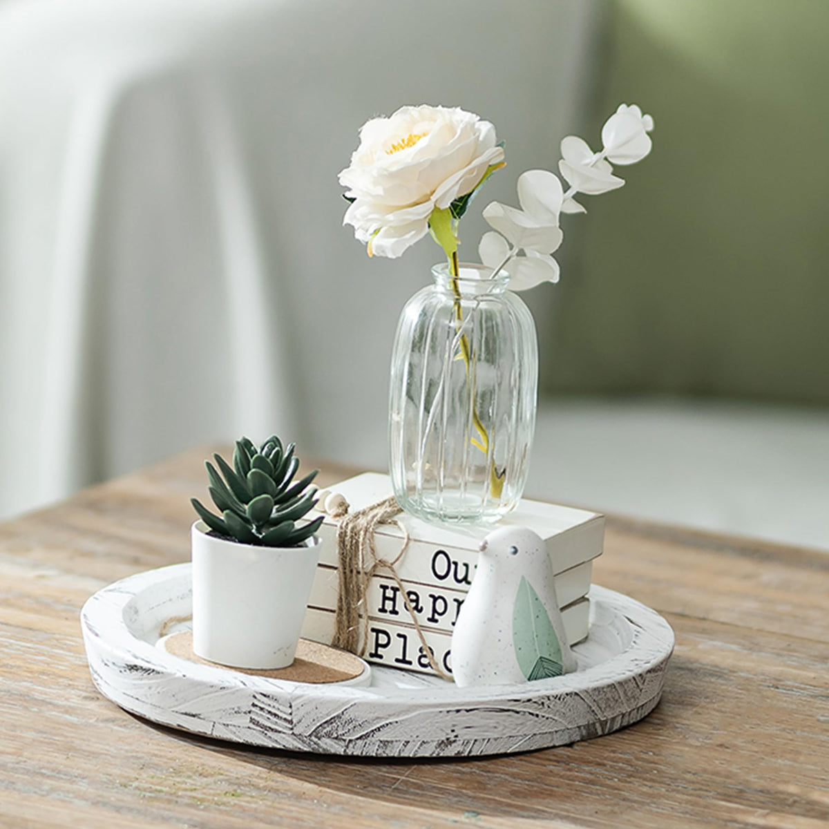Hanobe Candle Plate Holder Tray: Round Wood Decorative Candle Plate - Rustic Farmhouse CoffeeTable Decor - Tealight Pillar Trays for Home Decor (White Rustic)