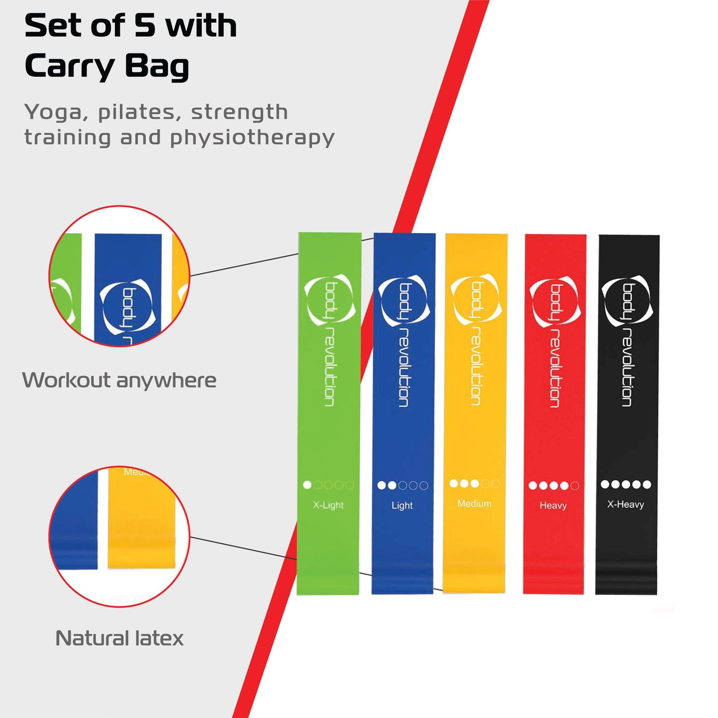 Body Revolution Resistance Bands - Set of 5 Skin-friendly Latex Exercise Loop Bands for Strength Training, Physiotherapy, Pilates and Stretching - Resistance Levels X-Light - X-Heavy, 600mm x 50mm