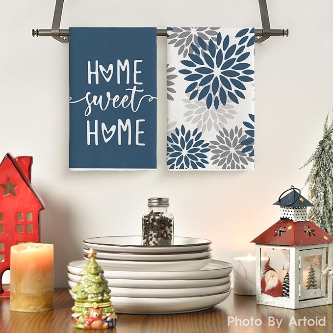 Artoid Mode Blue Grey Stripes Home Sweet Home Boho Winter Kitchen Towels Dish