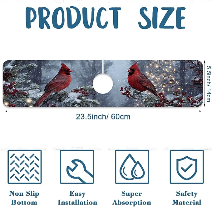 Christmas Winter Kitchen Sink Splash Guard Faucet Mat Cardinal Super Absorbent