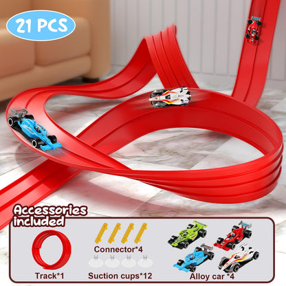 XIAPIA Car Track 4m, Flexible Toy Car Race Track Fits Hot Wheels, Diecast Cars, Flexible for Loops, Jumps, Ramps, Classic Long Roll Up Race Track with 4 Cars and 12 Suckers, Gifts for Kids Toddlers