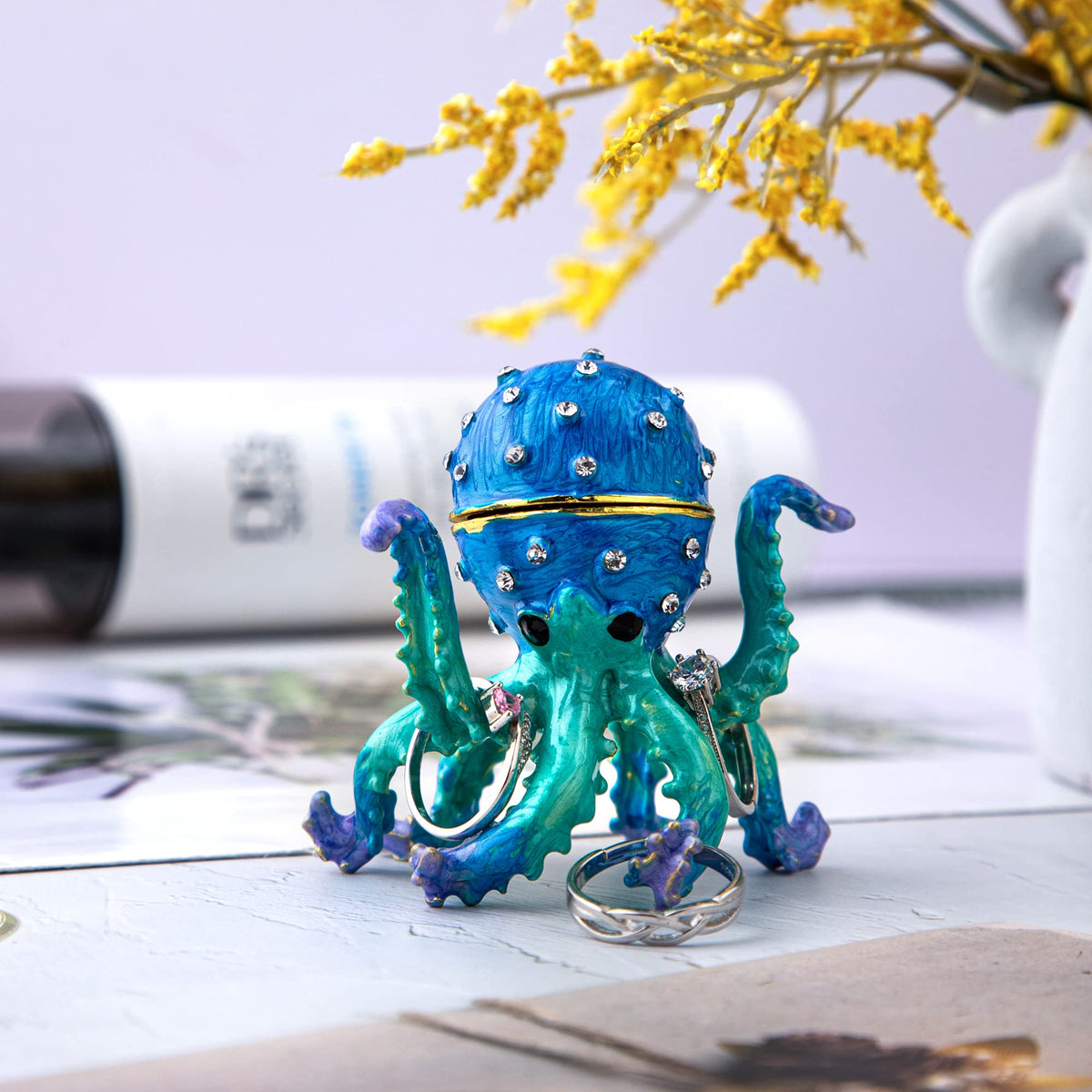 YU FENG 2.5'' Hand-painted Enamel Octopus Jewelry Trinket Box Hinged Jewelry Organizer with Crystals Ring Earring Storage Box Blue Sea Animal Figurine Keepsake Collectible Christmas Gift