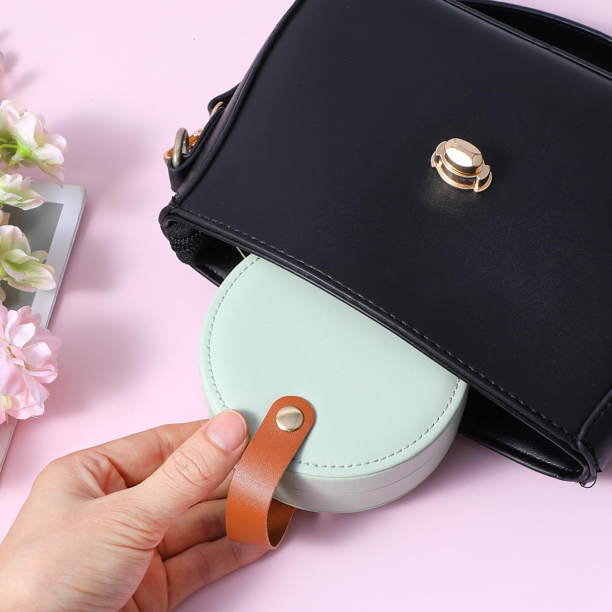 Tolare 10 Pcs Mini Jewelry Travel Case, Small Travel Jewelry Case Organizer, Half Moon Leather Jewelry-Box with Handle, Green Bridesmaid Gift for Women Wedding Party Accessories