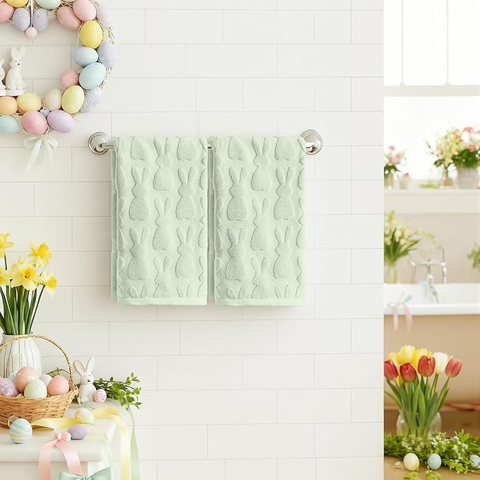 Artoid Mode 2 Pcs Light Green 3D Rabbit Jacquard Easter Hand Towels