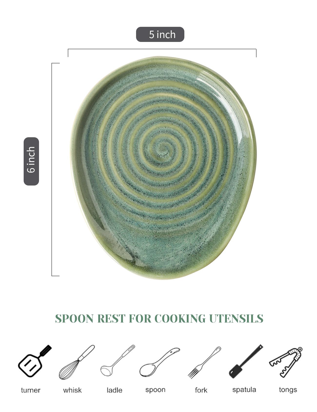 Seyatoo Ceramic Spoon Rest for Stove Top, Spoon Holder for Kitchen Counter, Farmhouse Cooking Utensil Holder for Spoons, Ladles, Spatula, Glazed Green
