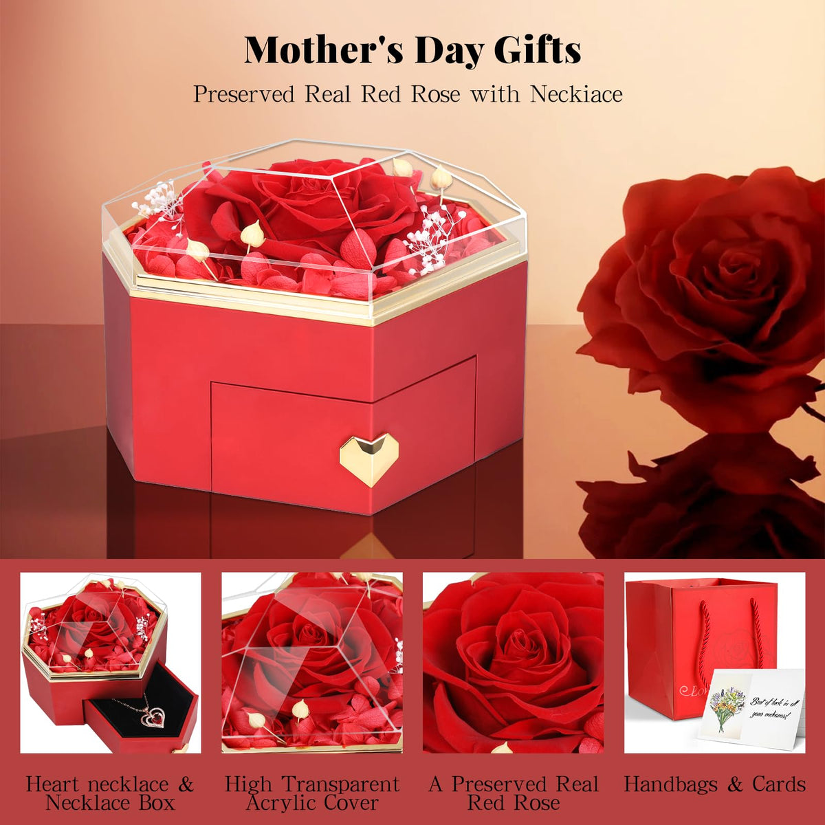 Joniuuca Preserved Real Red Rose Gift Box with Heart Necklace - Eternal Flower Gift for Mothers Day, Girlfriend, Wife, Mom on Valentine's Day, Birthday, Christmas, Anniversary, Thanksgiving(Golden)