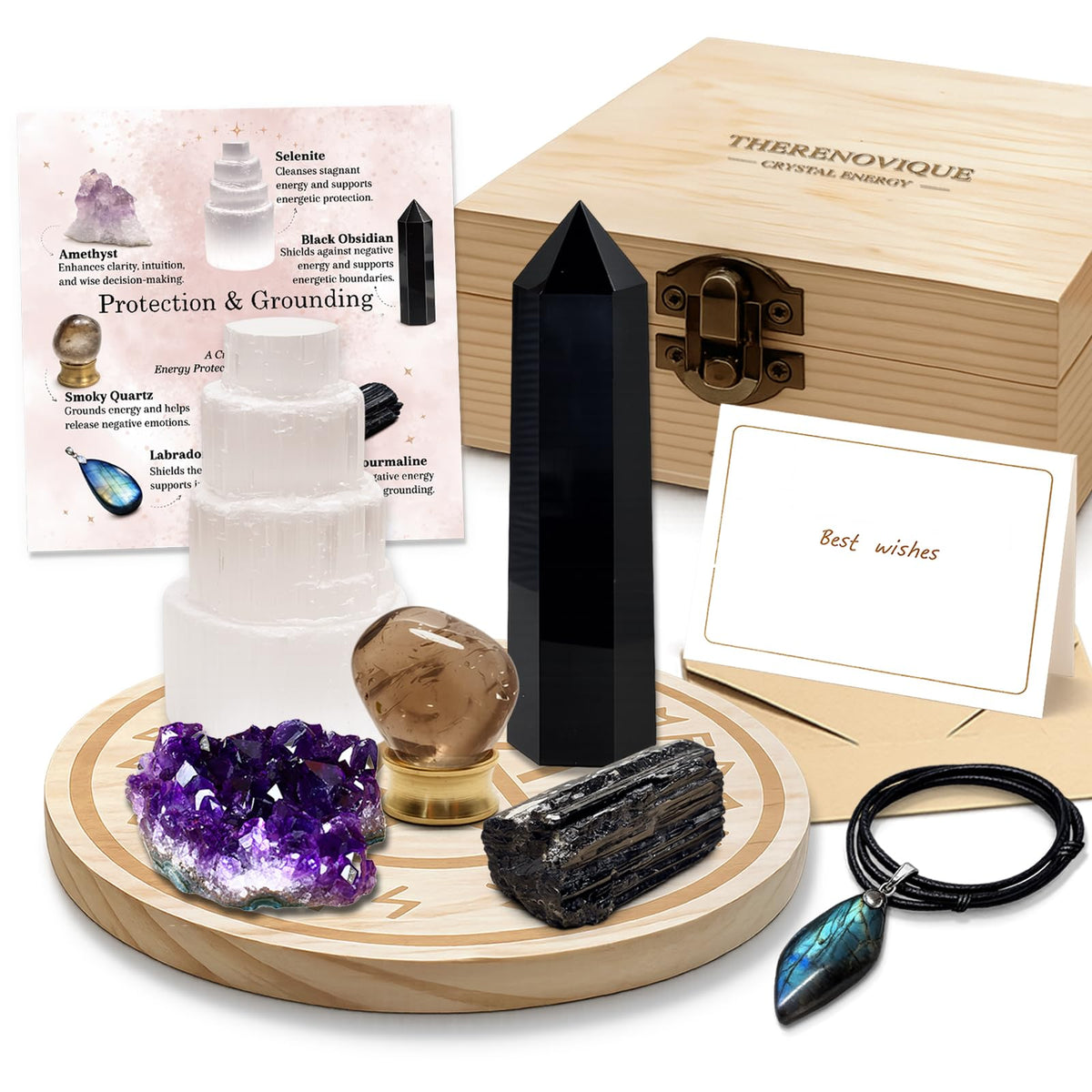 Protection Crystals and Healing Stones Gift Set — Black Tourmaline, Obsidian, Selenite, Labradorite Necklace, Smoky Quartz, Amethyst for Negative Energy & Spiritual Cleansing, Wooden Gift Box