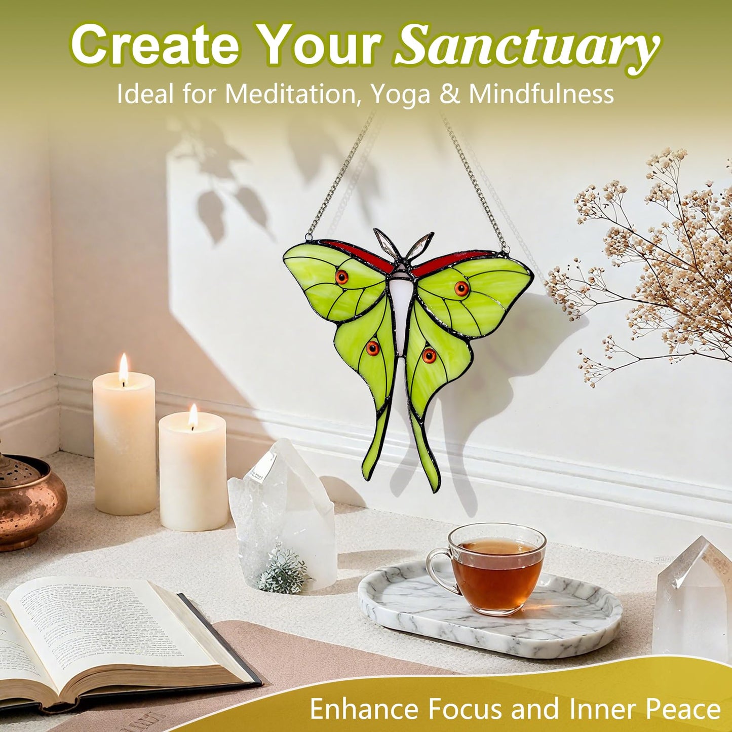 Luna Moth Stained Glass Window Hanging - Handmade Real Glass Suncatcher for Meditation Room, Spiritual Decor, Sun Catcher for Windows, Vibrant Gift for Women & Mom, 7.3 Inch Green Glass Art