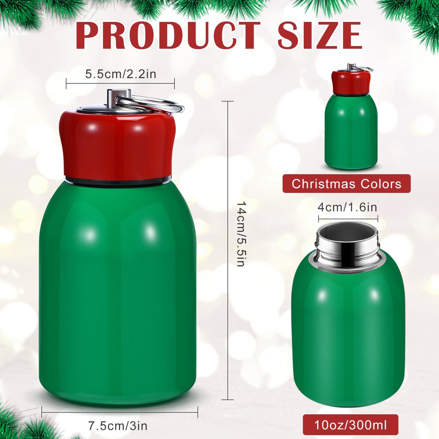 Mifoci 1 Pcs 10oz Mini Water Bottles Christmas Green Stainless Steel Slim Insulated Thermal for Hot Cold Drink Small Vacuum Portable Water Bottle for Christmas Women Gifts Travel Camping Hiking