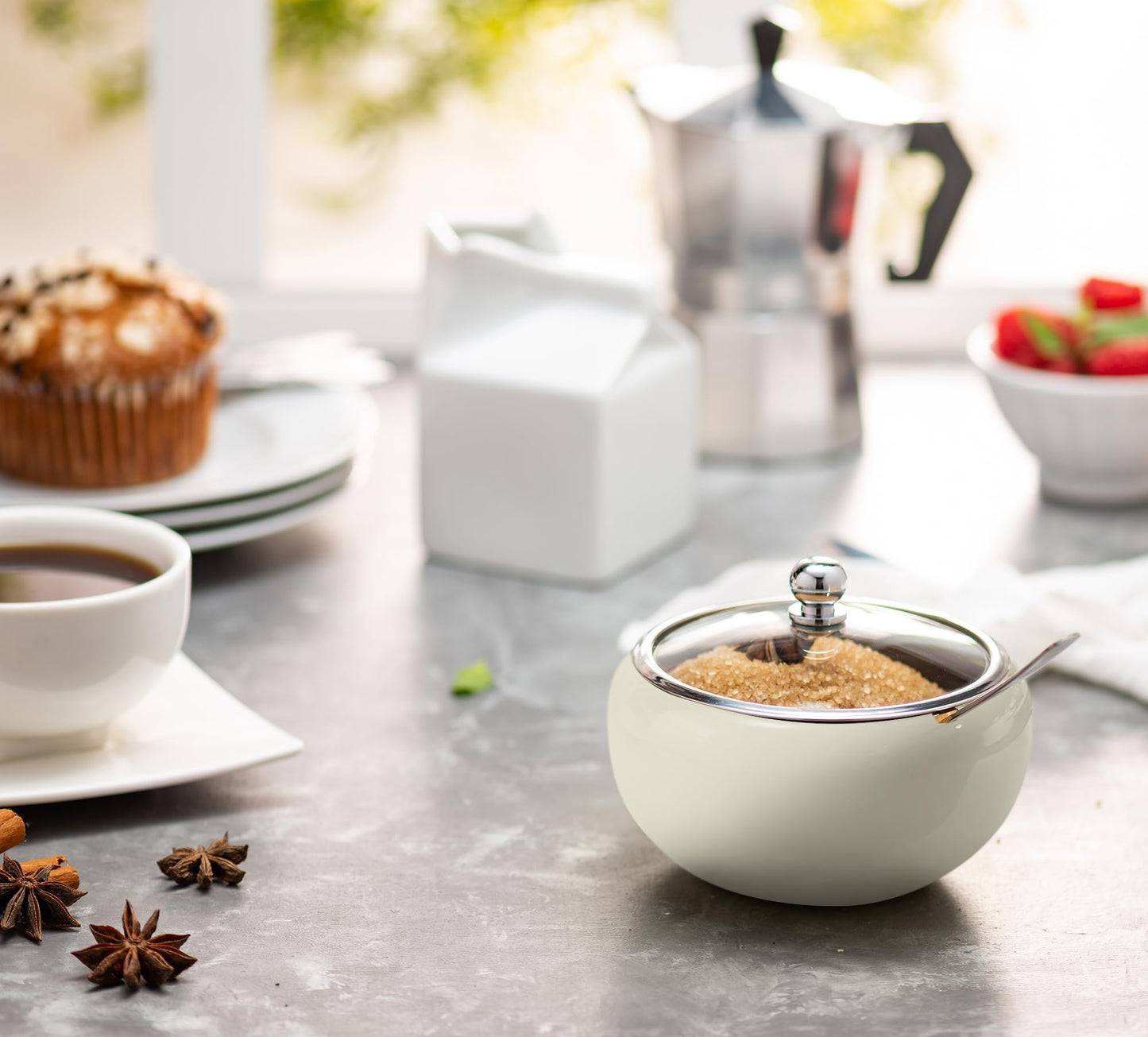 KooK Stainless Steel Sugar Bowl with Lid and Spoon, Serving Dish, Clear Glass Lid, Storage for Salt, Candy, Coffee, Holds 2 Cups, Dishwasher Safe, 16 oz Vintage White Glossy