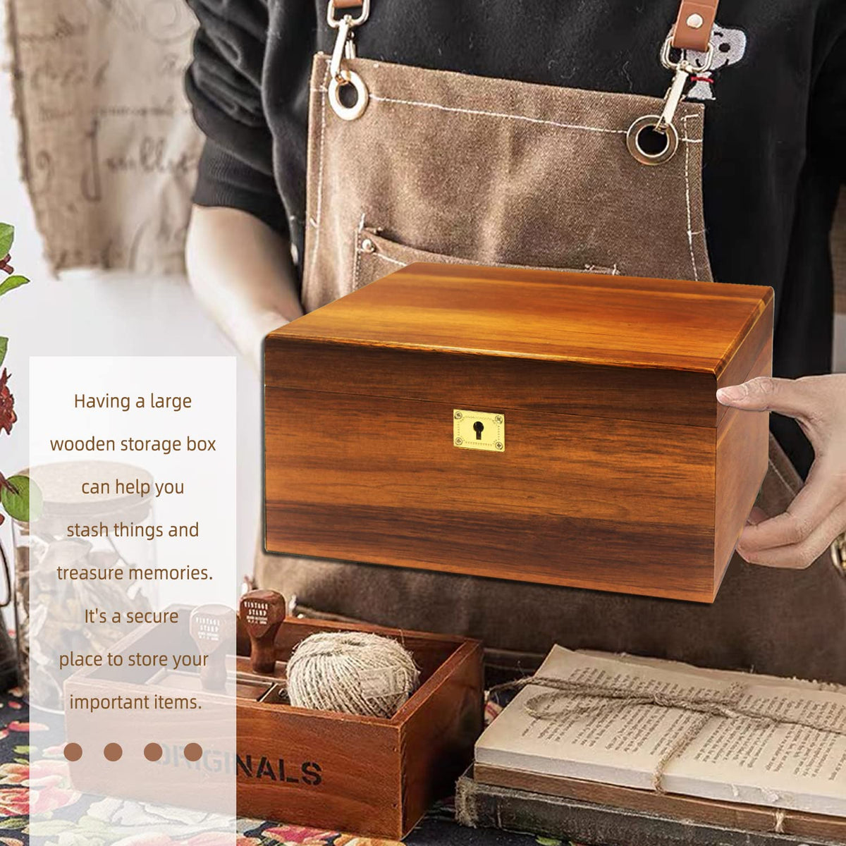 MFLUEEWR Wooden Storage Box with Hinged Lid and Locking Key Large Premium Solid Acacia Keepsake Chest Box -Storage Space to Organize Jewelry, Toys, and Keepsakes in a Beautiful Wooden Decorative Box