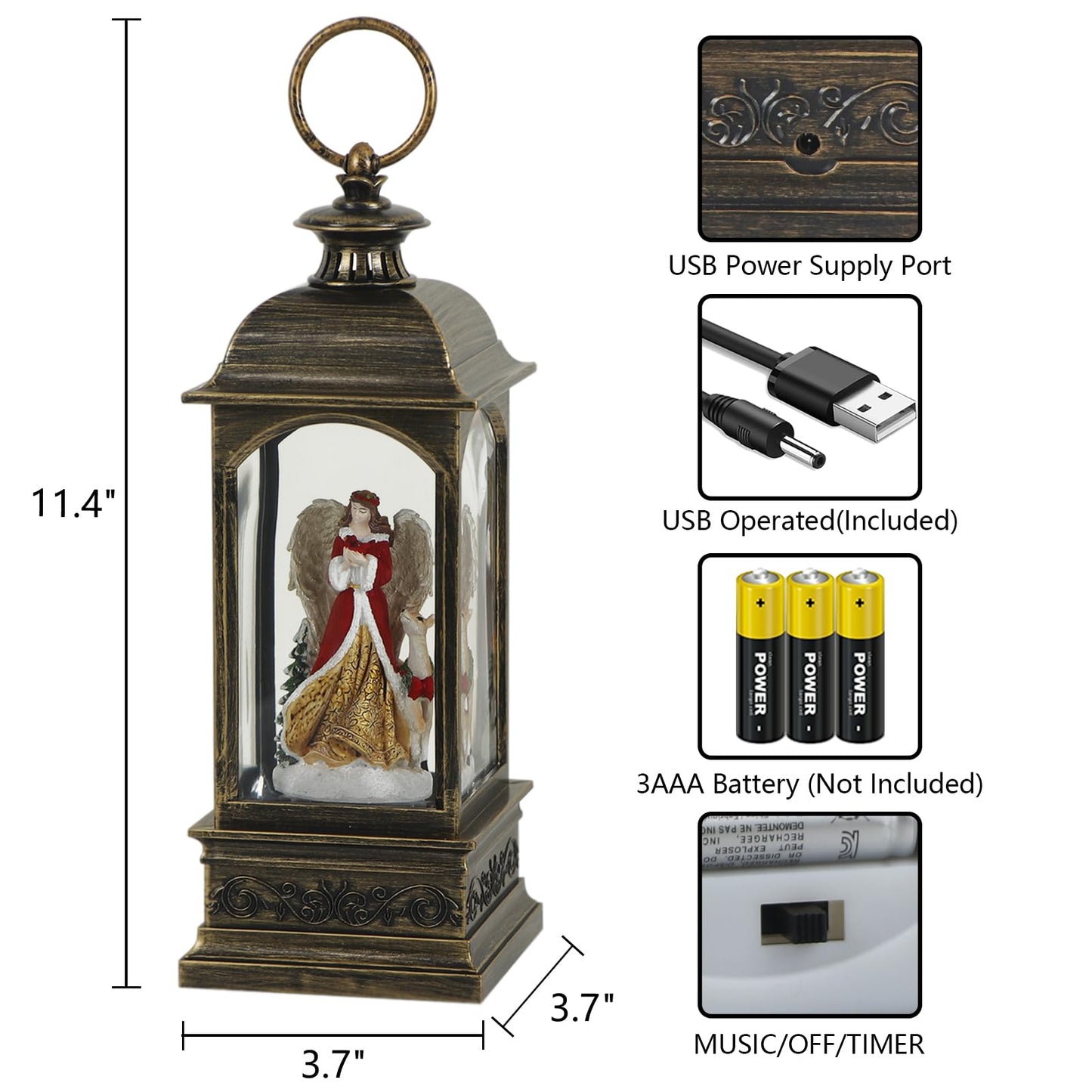 GenSwin Christmas Snow Globes with Music USB Rechargable Cable and Timer, Christmas Lantern Decorations Indoor, 1 Pcs Christmas Music Box with Angel and Reindeer for Festival PXFX-TS