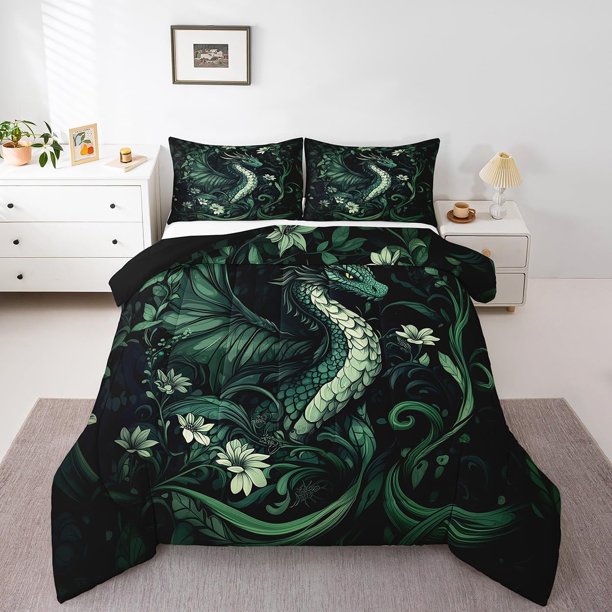 Exotic Dragon Kids Toddler Comforter Sets,Vintage Jungle Wildlfie Reversible Bedding Set for Boys Men Children,Green Leaves Flowers 2 Pieces Quilt Sets,Mystery Safari Animal Duvet Insert,1 Pillow Case