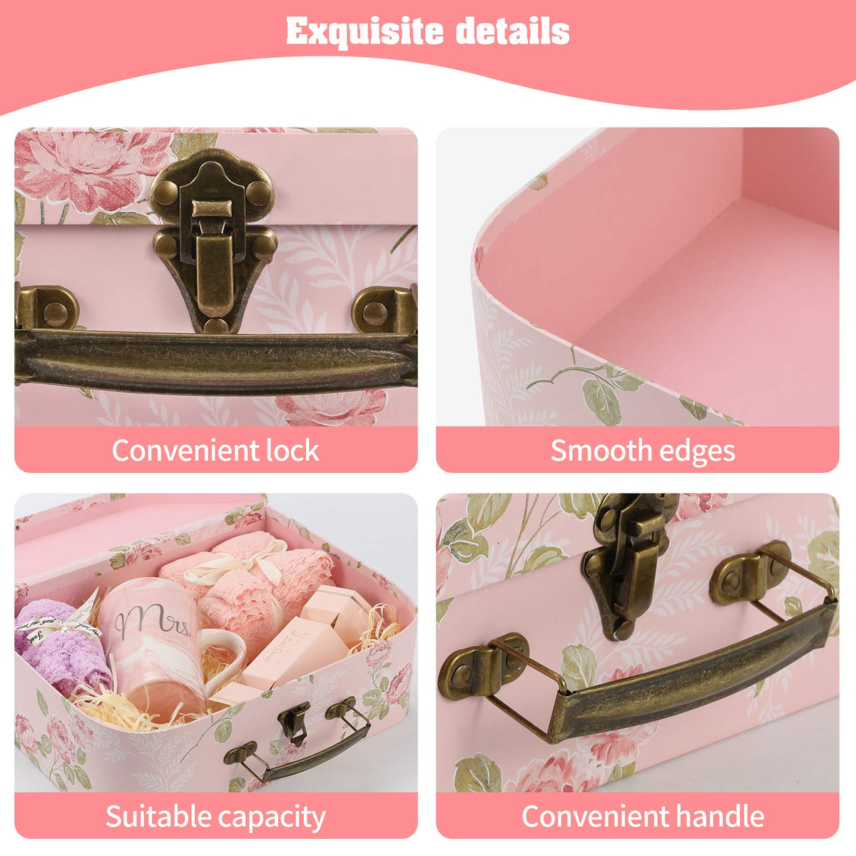 Anndason Set of 3 Paperboard Suitcases Storage Box Storage Gift Boxes With Lids for Photo Storage Home Decoration, Wedding, Birthday, Anniversary and New Year Gift Decoration (3Pcs, Pink Flowers)
