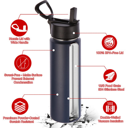 Volhoply 24 Ounce Insulated Water Bottle with Straw Lid,Stainless Steel Wide Mouth Sport Bottles with Handle,Double Wall Vacuum Cups Keep Cold,Reusable Travel Thermal Cups For Holder,Gym(Navy,1)