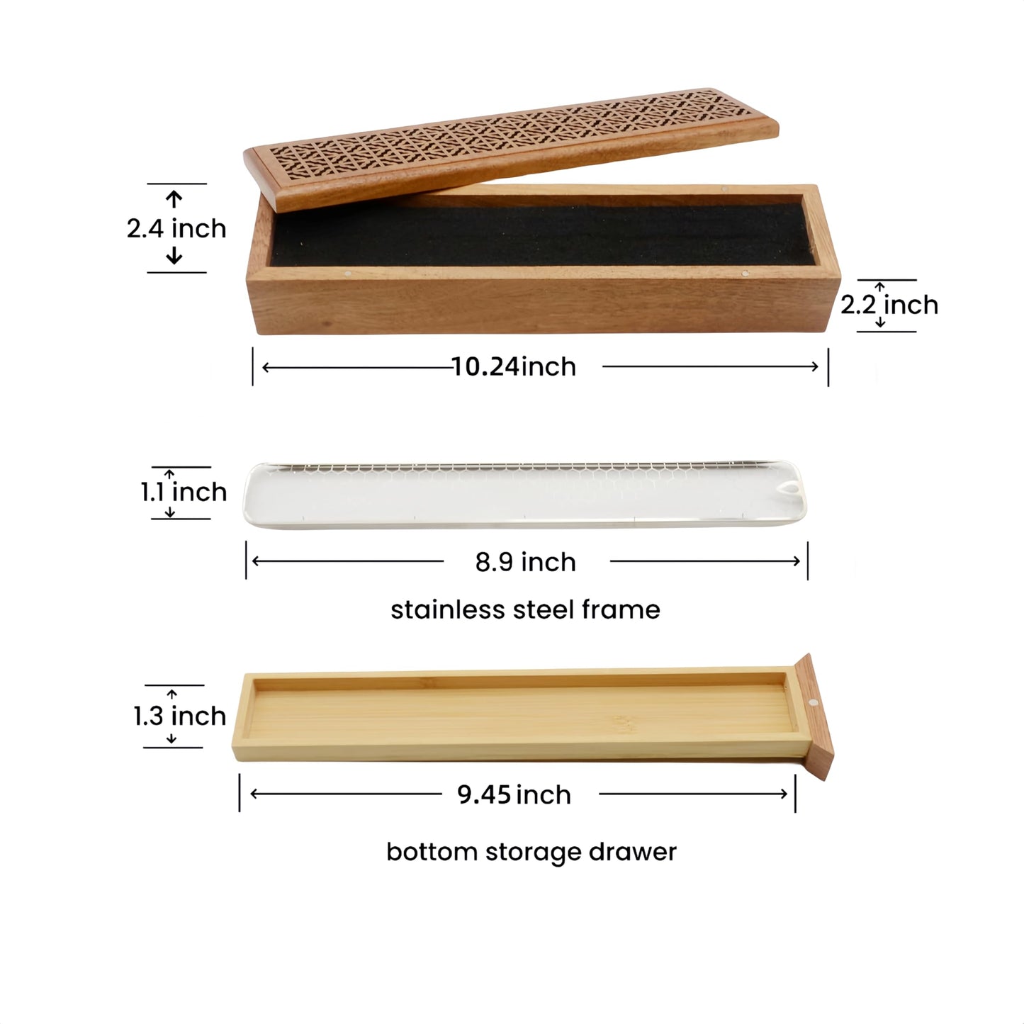 Moocervi Incense Holder Burner,Coffin Incense Storage Box Holder for Sticks, Wooden Incense-Stick Holder & Ash Catcher for Meditation/Yoga Room/Bedroom/studyroom/Office (Incense Holder with Storage)