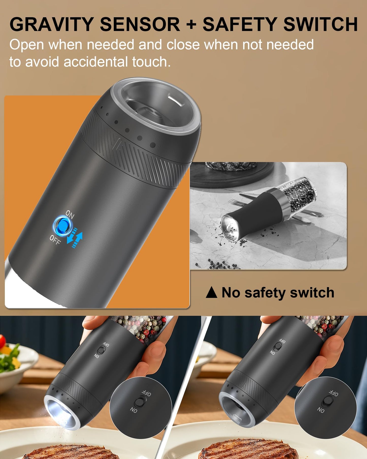 Soenglyun Gravity Salt and Pepper Grinder Set with Charging Base, Automatic Salt Grinder Electric with LED Light & 6 Adjustable Coarseness, One-Handed Operation and 176ml Capacity, Black