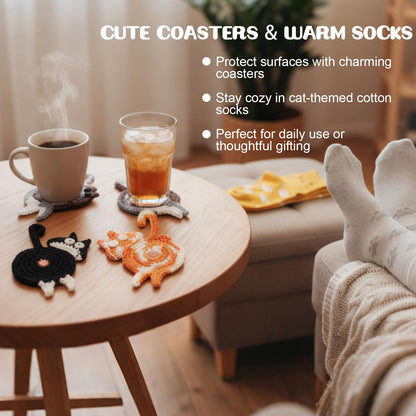 Cat Lover Gift Set for Women, 25 Pack with Tote Bag, Socks, Pens, Sticky Notes, Paper Clips and Crochet Coasters, Teacher Appreciation Gifts for Women, End of School Year