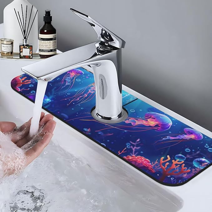 Faucet Draining Mat For Kitchen Sink, Ocean Jellyfish Corals Diatom Mud